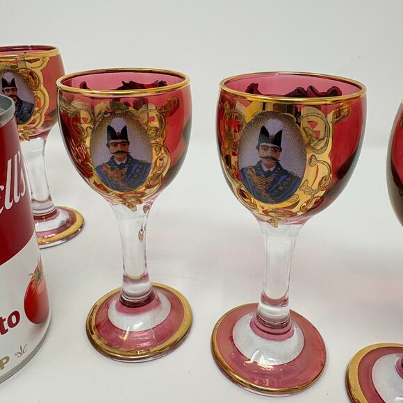 Set 6 Vtg Bohemian Cranberry Shah Qajar Persian King Cordial Glasses Gilt Red - Picture 3 of 9